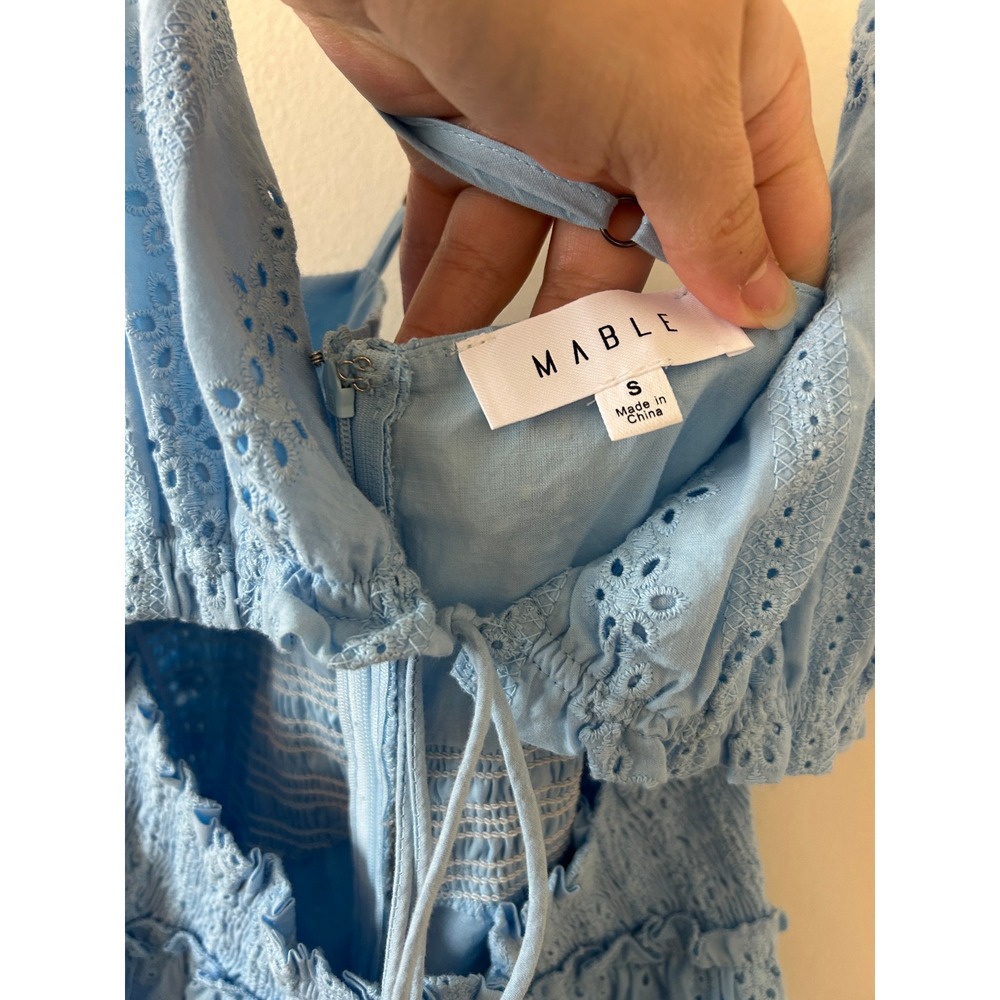 Mable Light Blue Eyelet Tiered Cutout Boho Festival Mini Dress S - Picture 6 of 11